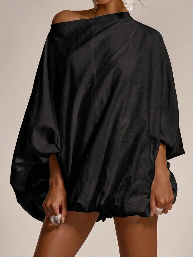 Black Modest Women's Oversized Flowy Cinched Beach Holiday Mini Dress